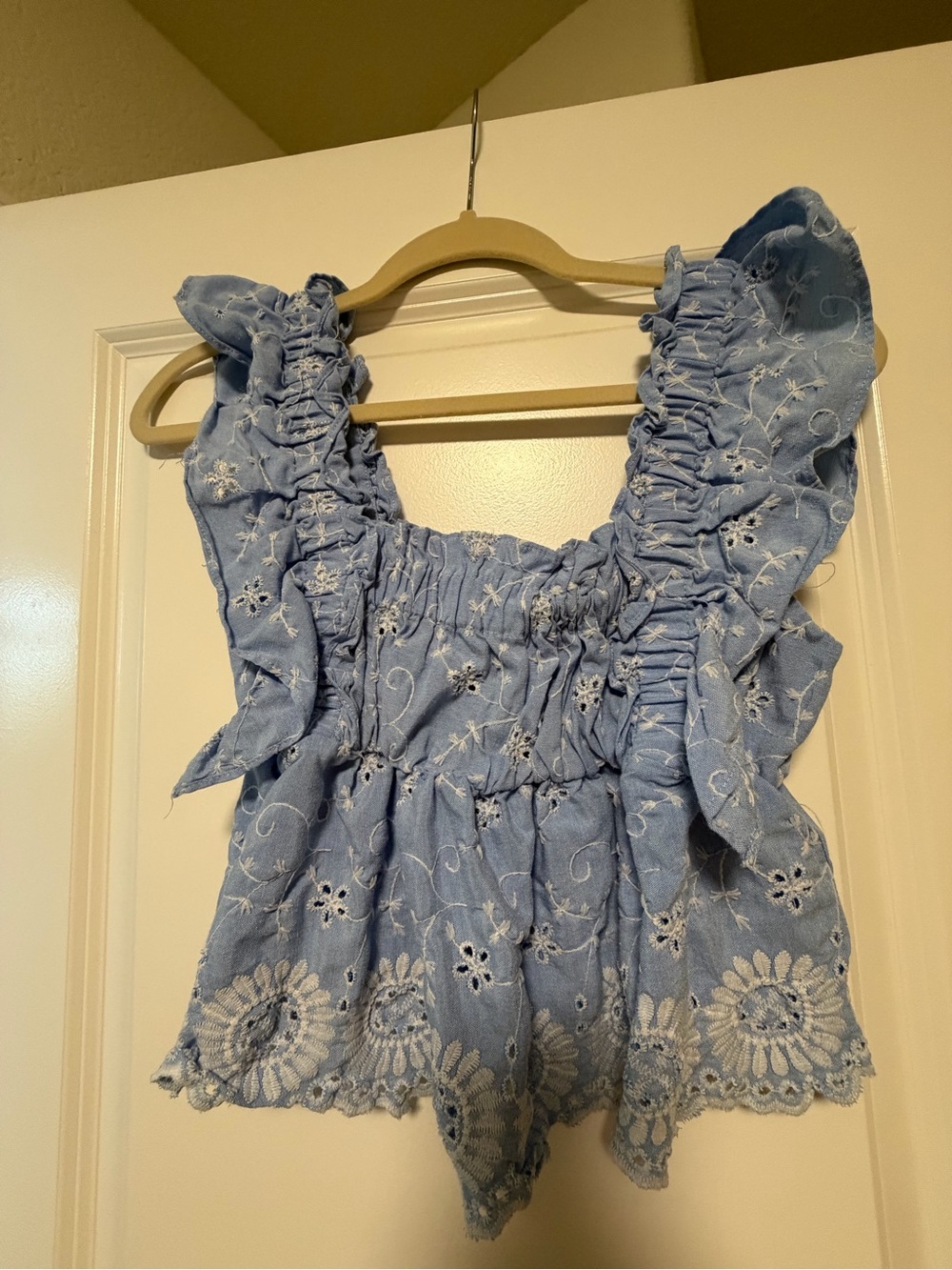 Goodnight Macaroon Light Blue Eyelet Ruffle Crop Top
